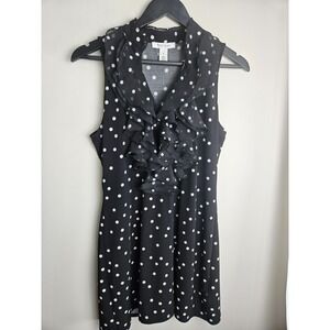 White House Black Market Dress Sz Medium B&W Polka Dot Ruffle Neck Sleeveless